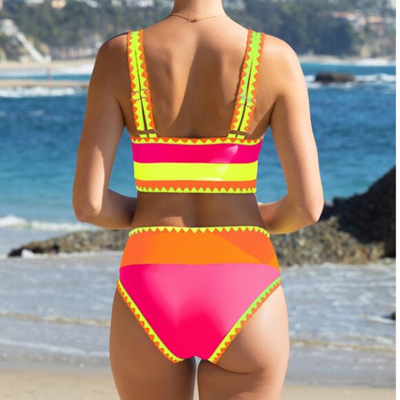 POPVIL Color Contrast Patchwork Sporty 3 Piece Bikini Set in Rose Red Neon M NWT - Picture 3 of 9